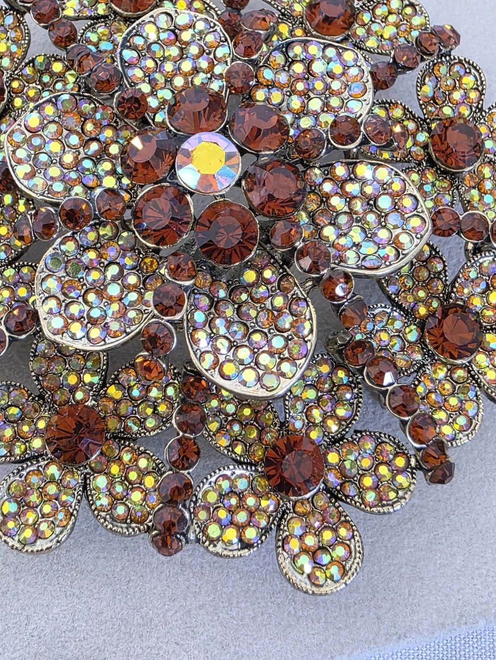 Vintage Oversized Aurora Borealis & Amber Floral Statement Double Pin Brooch